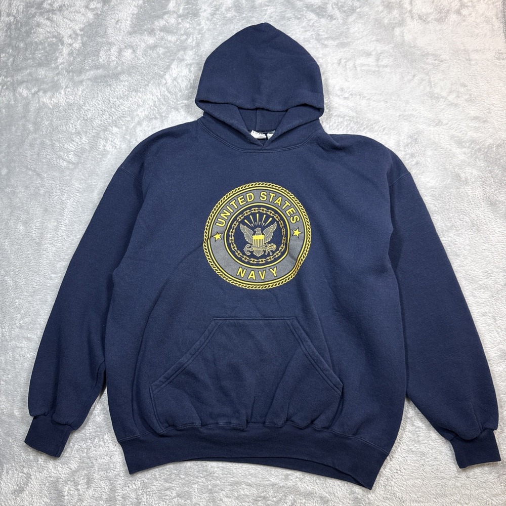 Vintage MJ Soffe US Navy Military Hoodie Men XL Blue Reflective Crest USA